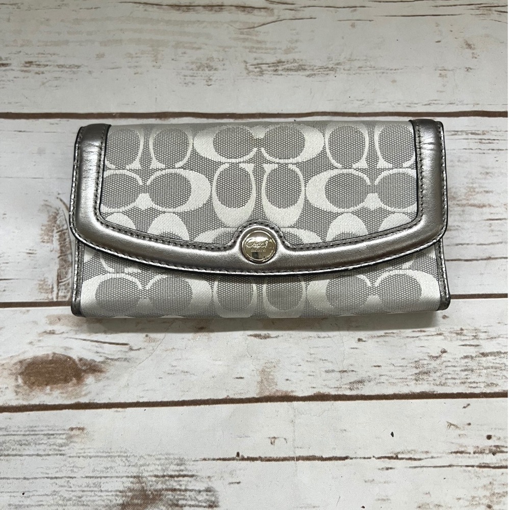 Coach Trifold Wallet Silver Gray Signature C Monogram Metallic Trim Large OS